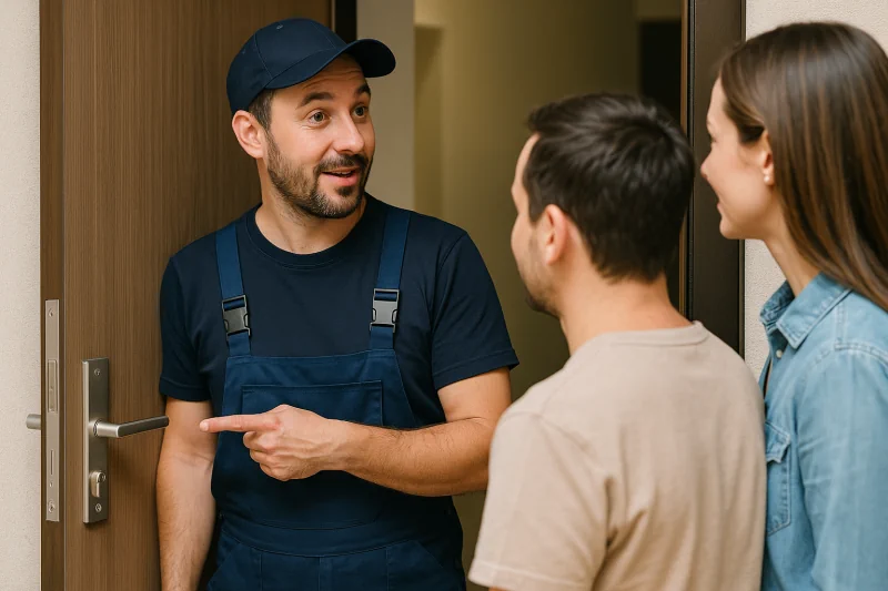 Ślusarz wymienia wkładkę zamka w drzwiach wejściowych nowo zakupionego mieszkania – profesjonalna usługa po przeprowadzce